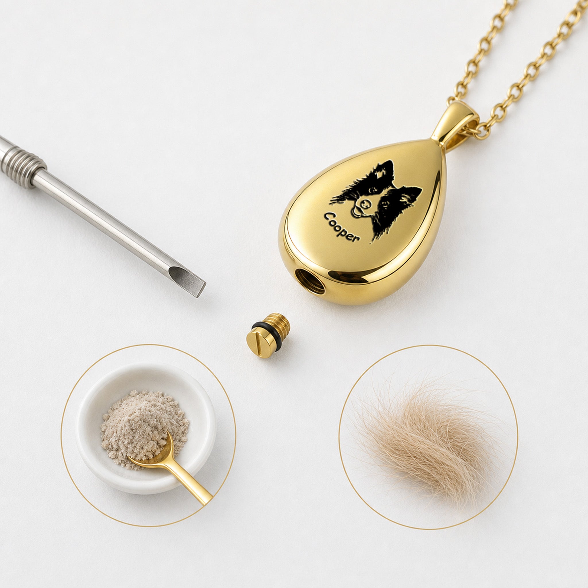 Gold teardrop pet urn necklace screw cap detail with ashes and funnel on white background